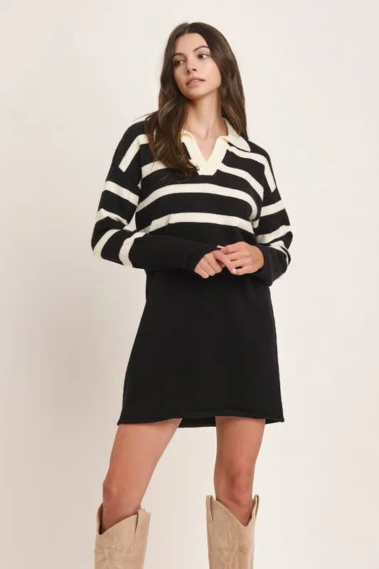Stripe Collared Mini Sweater Dress - Black/Ivory