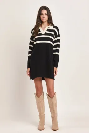 Stripe Collared Mini Sweater Dress - Black/Ivory