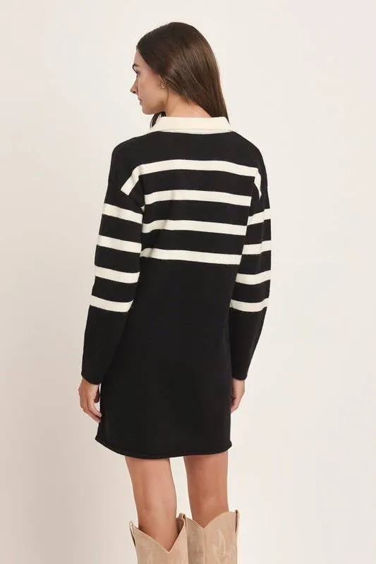 Stripe Collared Mini Sweater Dress - Black/Ivory