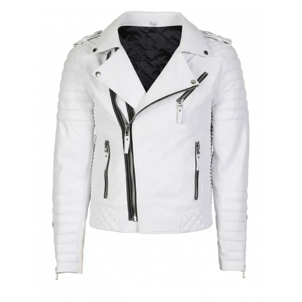 Vintage White Brando Quilted Biker Leather Jacket