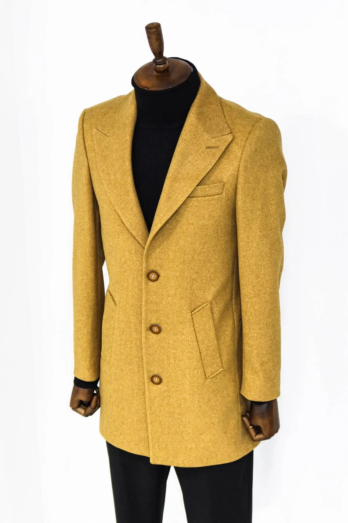 Wide Lapel Wool Mustard Men Coat - Wessi