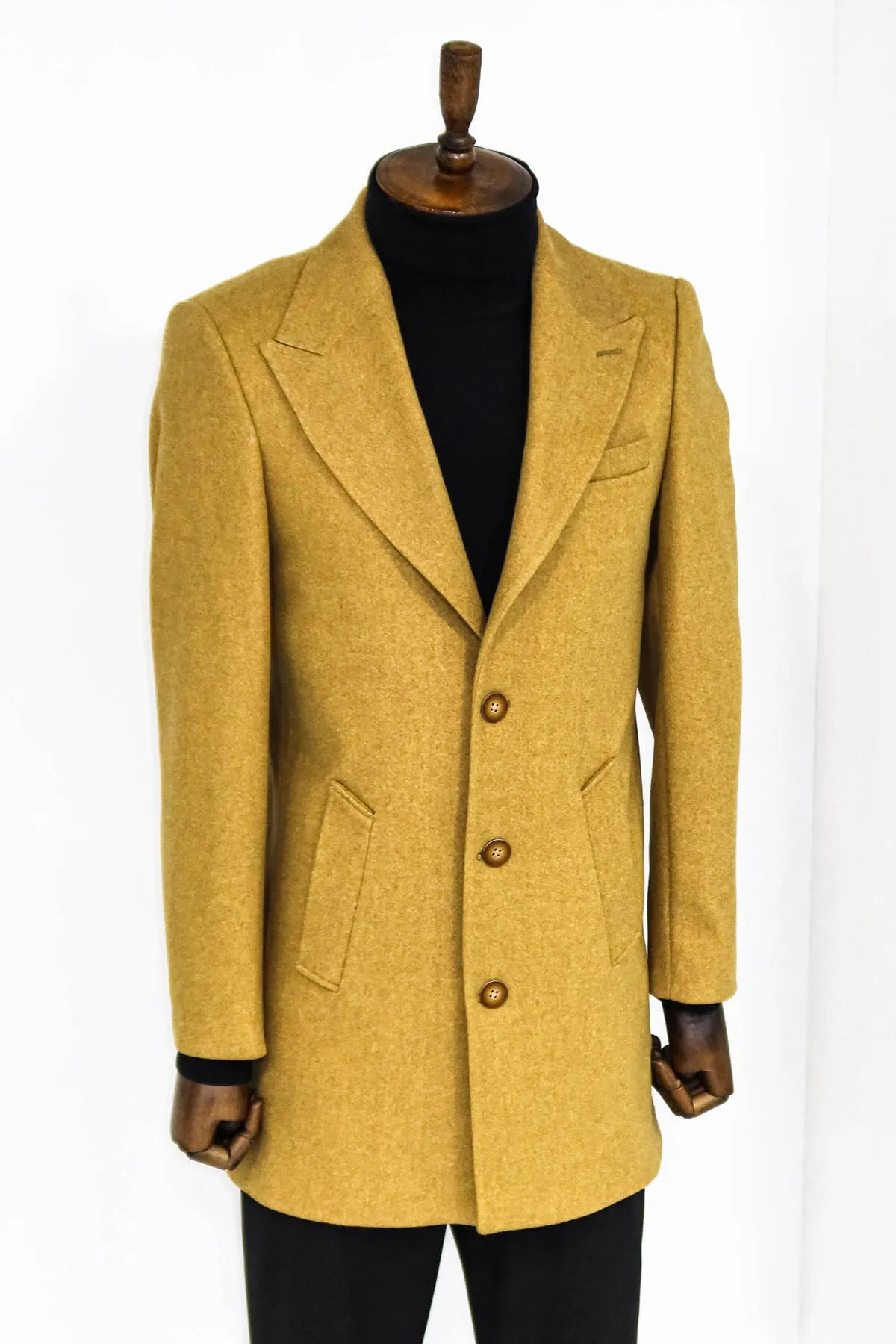 Wide Lapel Wool Mustard Men Coat - Wessi