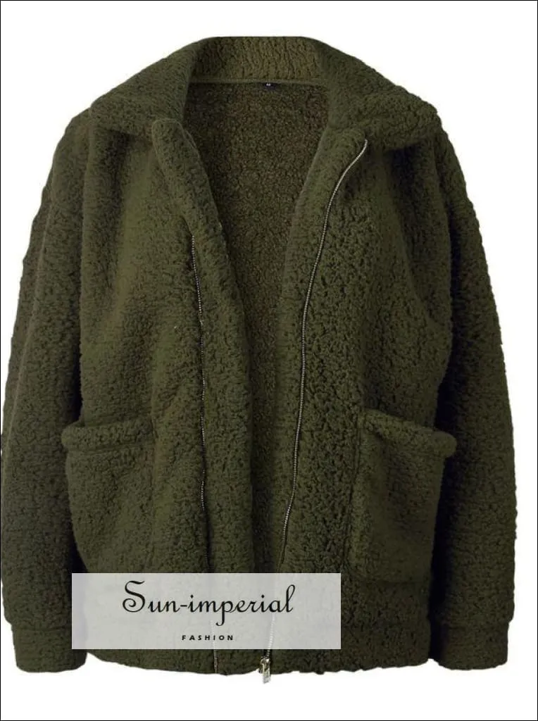 Women Oversize Teddy Faux Fur Coat Warm Soft Fur Casual Jacket with Zipper and front Pocket