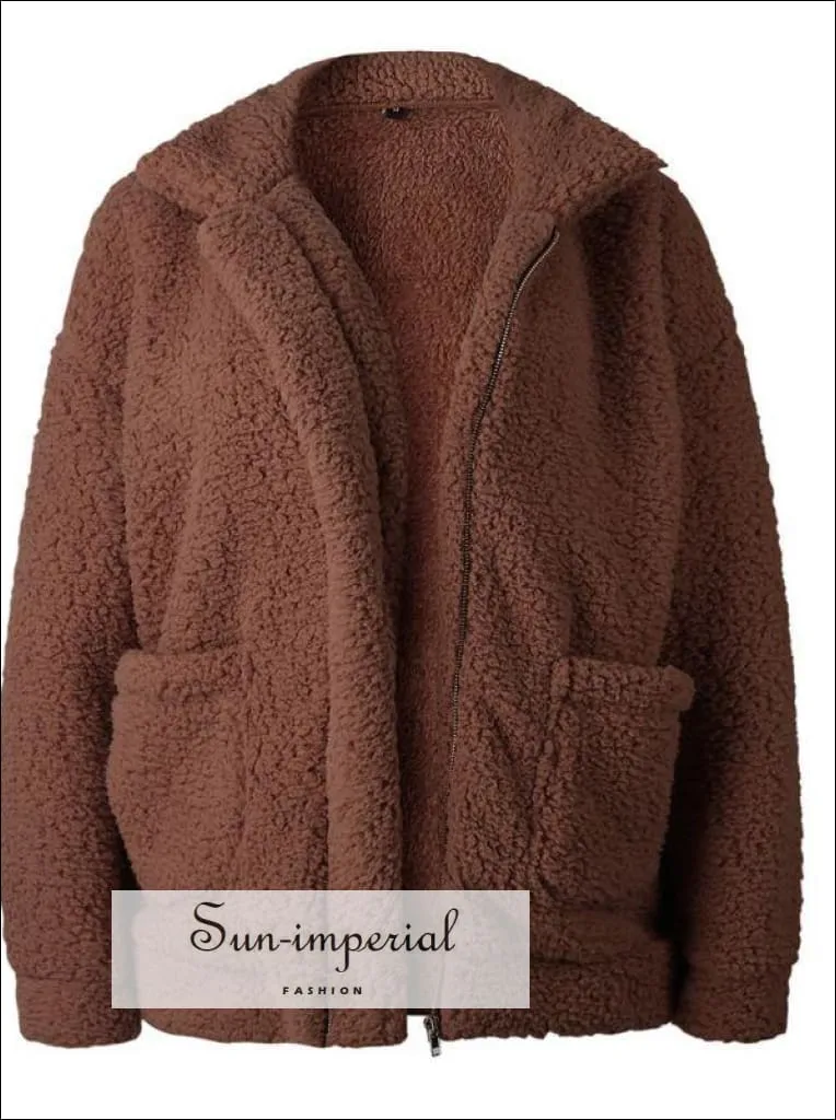 Women Oversize Teddy Faux Fur Coat Warm Soft Fur Casual Jacket with Zipper and front Pocket