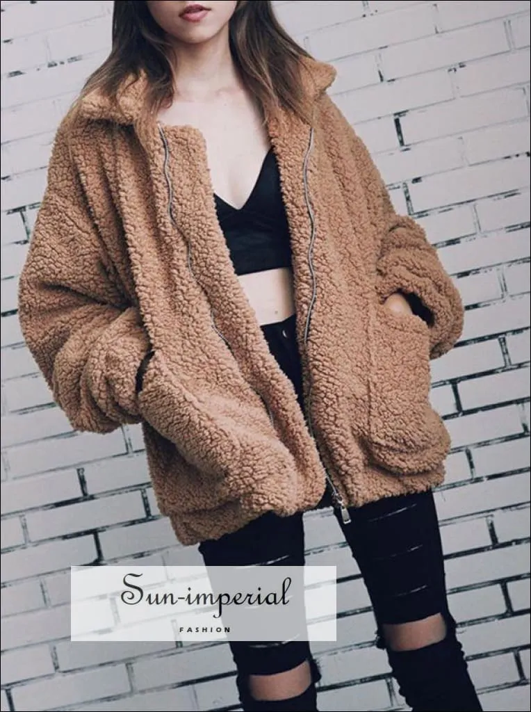 Women Oversize Teddy Faux Fur Coat Warm Soft Fur Casual Jacket with Zipper and front Pocket