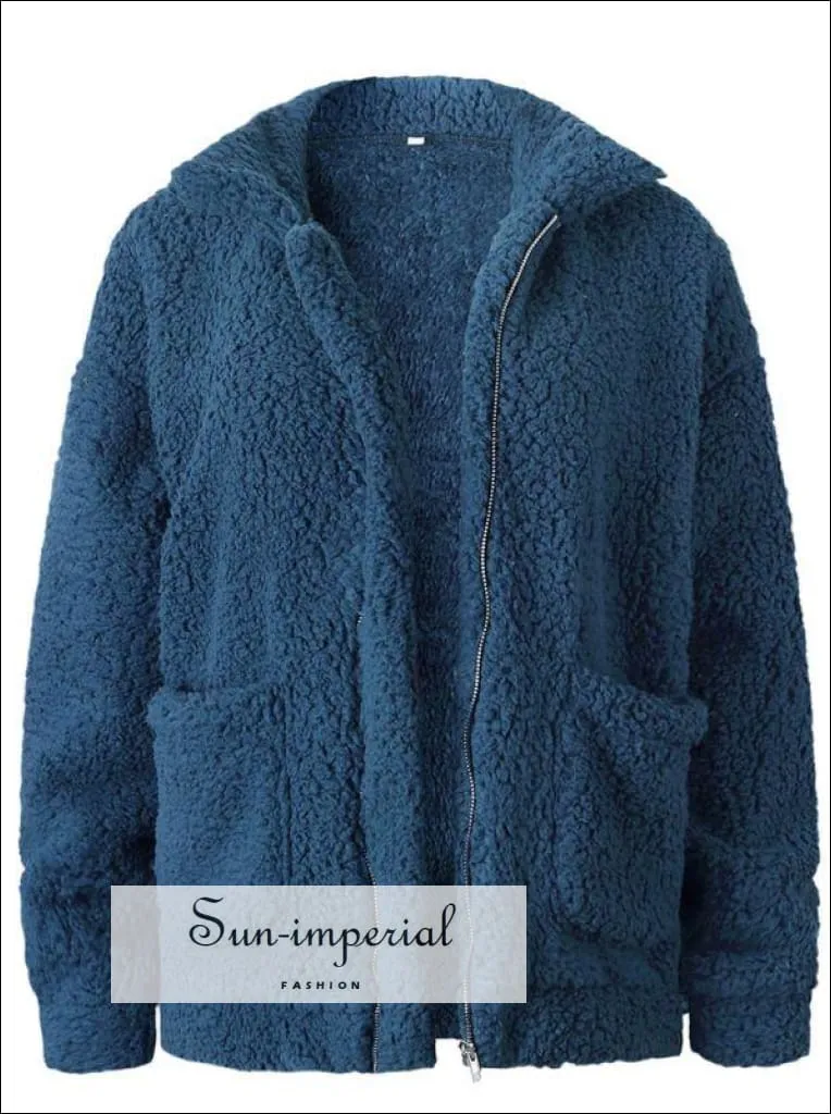 Women Oversize Teddy Faux Fur Coat Warm Soft Fur Casual Jacket with Zipper and front Pocket