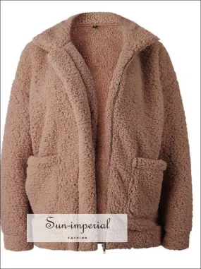 Women Oversize Teddy Faux Fur Coat Warm Soft Fur Casual Jacket with Zipper and front Pocket