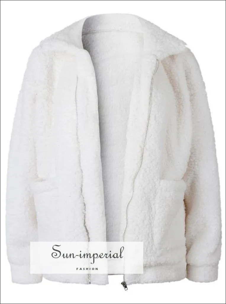 Women Oversize Teddy Faux Fur Coat Warm Soft Fur Casual Jacket with Zipper and front Pocket