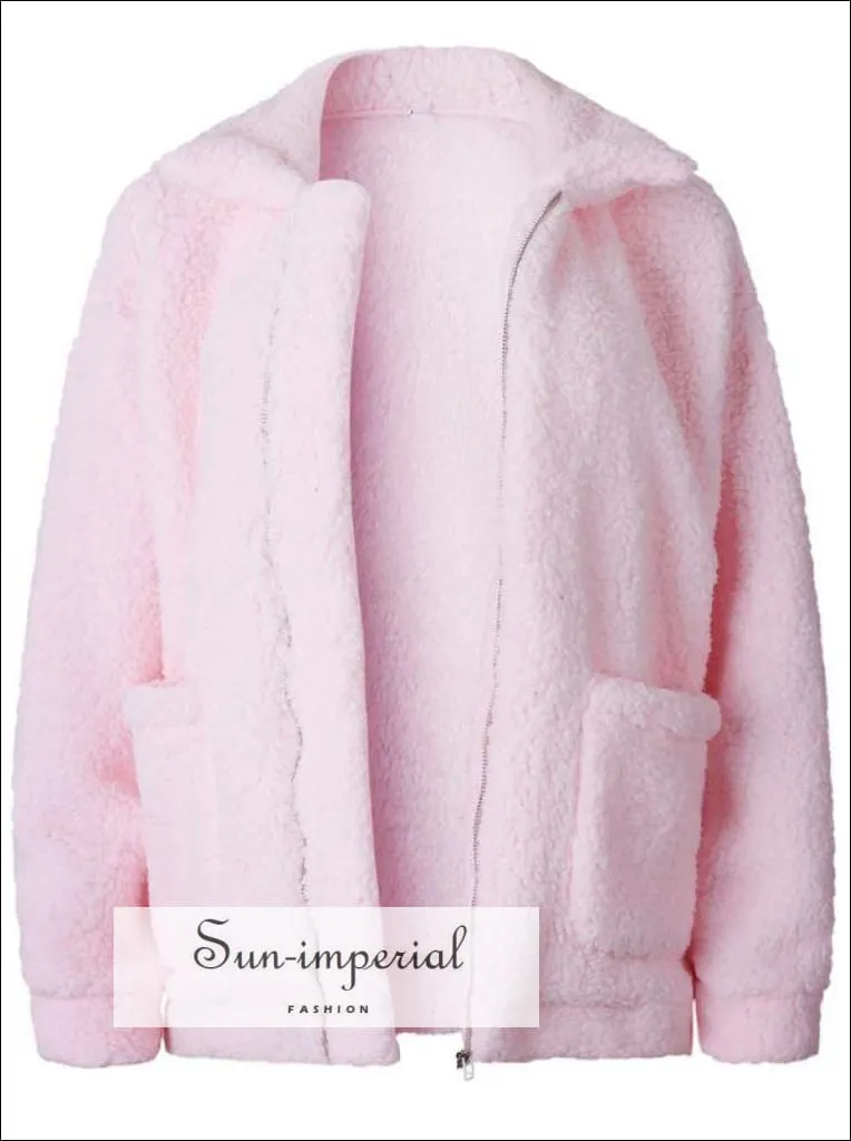 Women Oversize Teddy Faux Fur Coat Warm Soft Fur Casual Jacket with Zipper and front Pocket