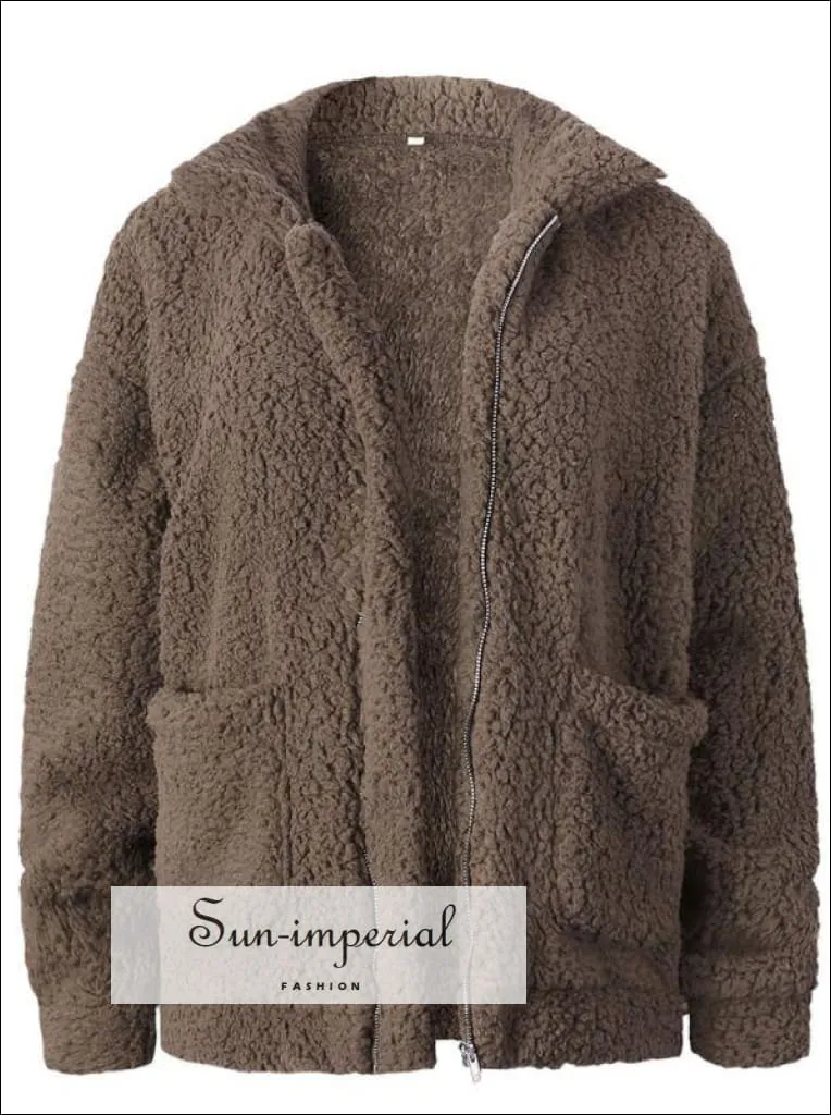 Women Oversize Teddy Faux Fur Coat Warm Soft Fur Casual Jacket with Zipper and front Pocket