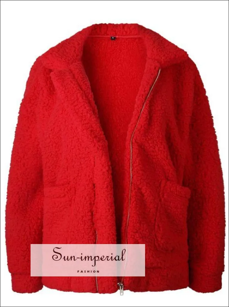Women Oversize Teddy Faux Fur Coat Warm Soft Fur Casual Jacket with Zipper and front Pocket