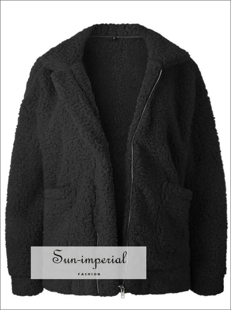 Women Oversize Teddy Faux Fur Coat Warm Soft Fur Casual Jacket with Zipper and front Pocket