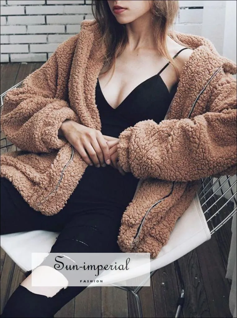 Women Oversize Teddy Faux Fur Coat Warm Soft Fur Casual Jacket with Zipper and front Pocket